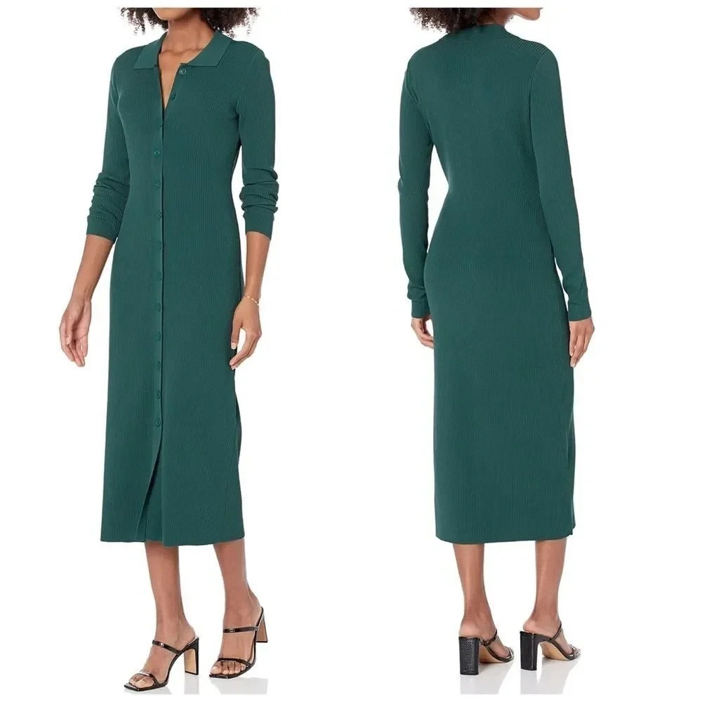 The Drop Women's Jaxon Midi Sweater Dress Small Green Ribbed Button Front NWT